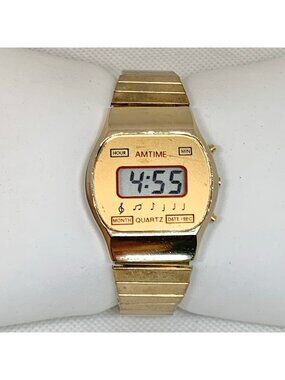 Vintage Amtime digital lcd watch gold tone 32mm quartz band 6.5”running